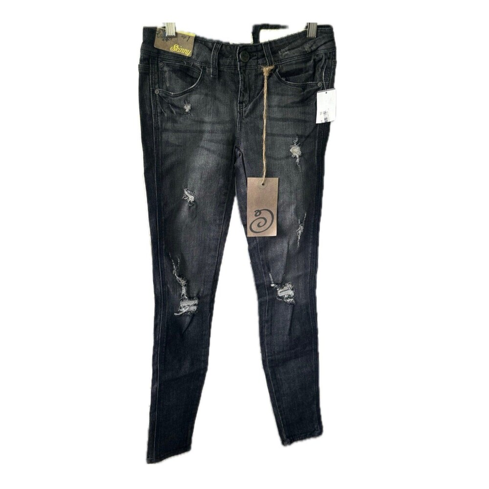 Indigo Rein NWT Juniors Black Skinny Factory Faded Distressed 5 Pocket Jeans 1